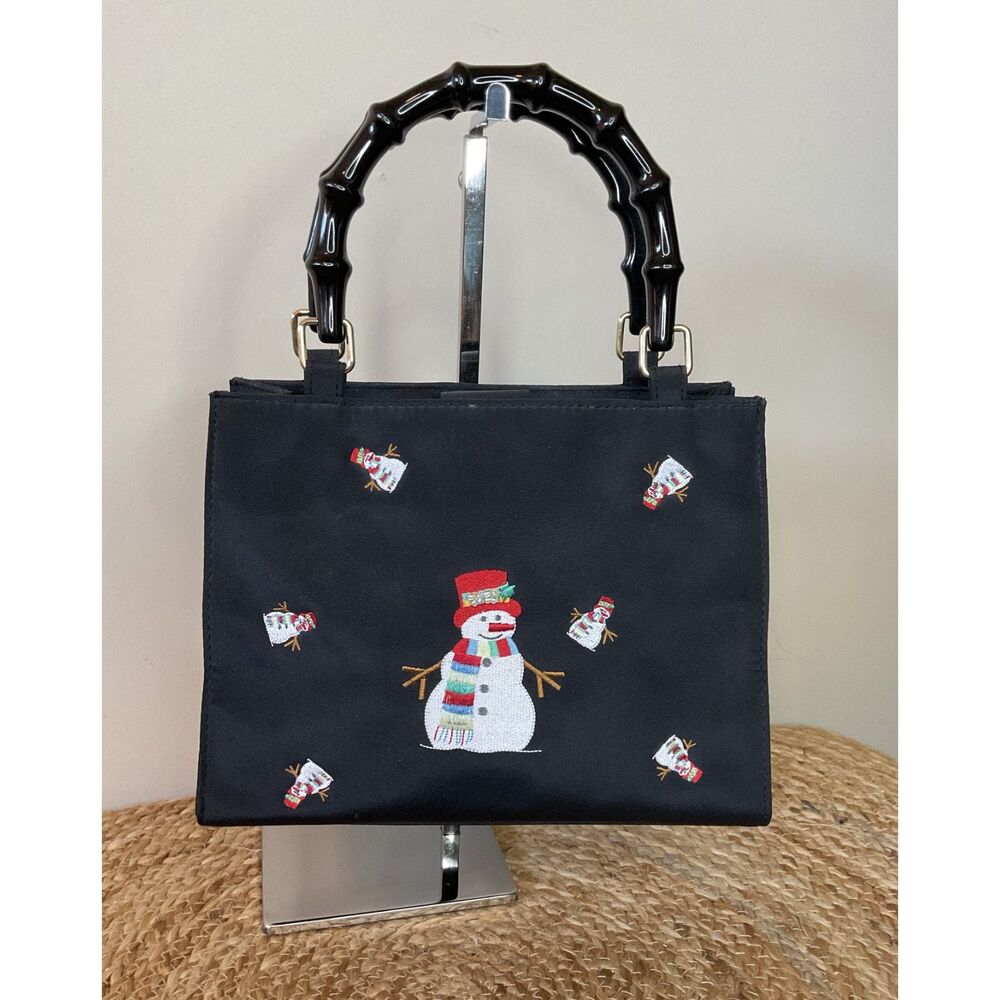 Vintage TIANNL BLACK Embroidered Snowman Handbag